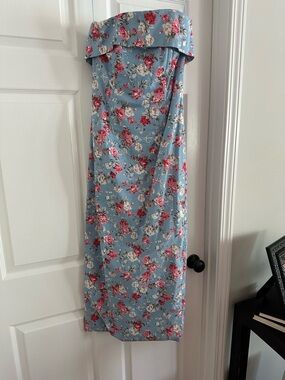Strapless Floral Maxi Dress in Light Blue with Pink Blooms